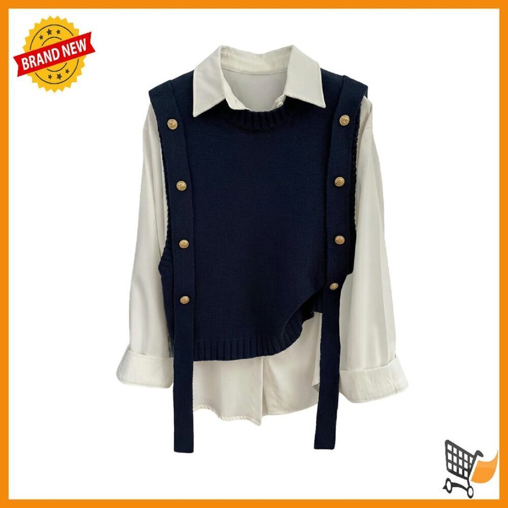 Women's Crew Neck Sleeveless Sweater Vest Metal Button Knit Top